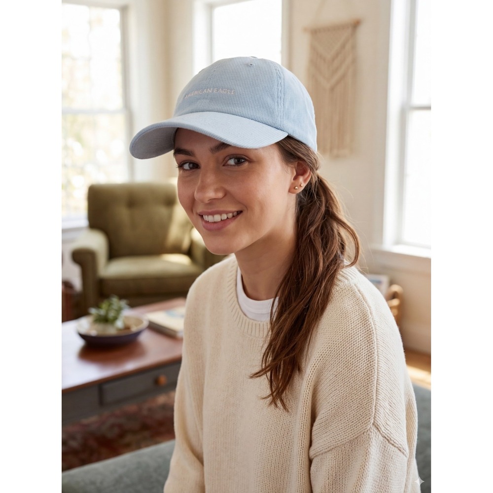 American Eagle Light Blue Corduroy Hat Leather Strap Back OS Cap Dad Hat